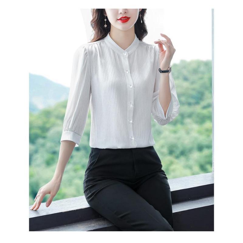 New Women's White Shirt Spring Autumn 3/4 Sleeve Striped Top Summer Loose Reducing Age Puff Sleeve Bottoming Blouse S-4XL