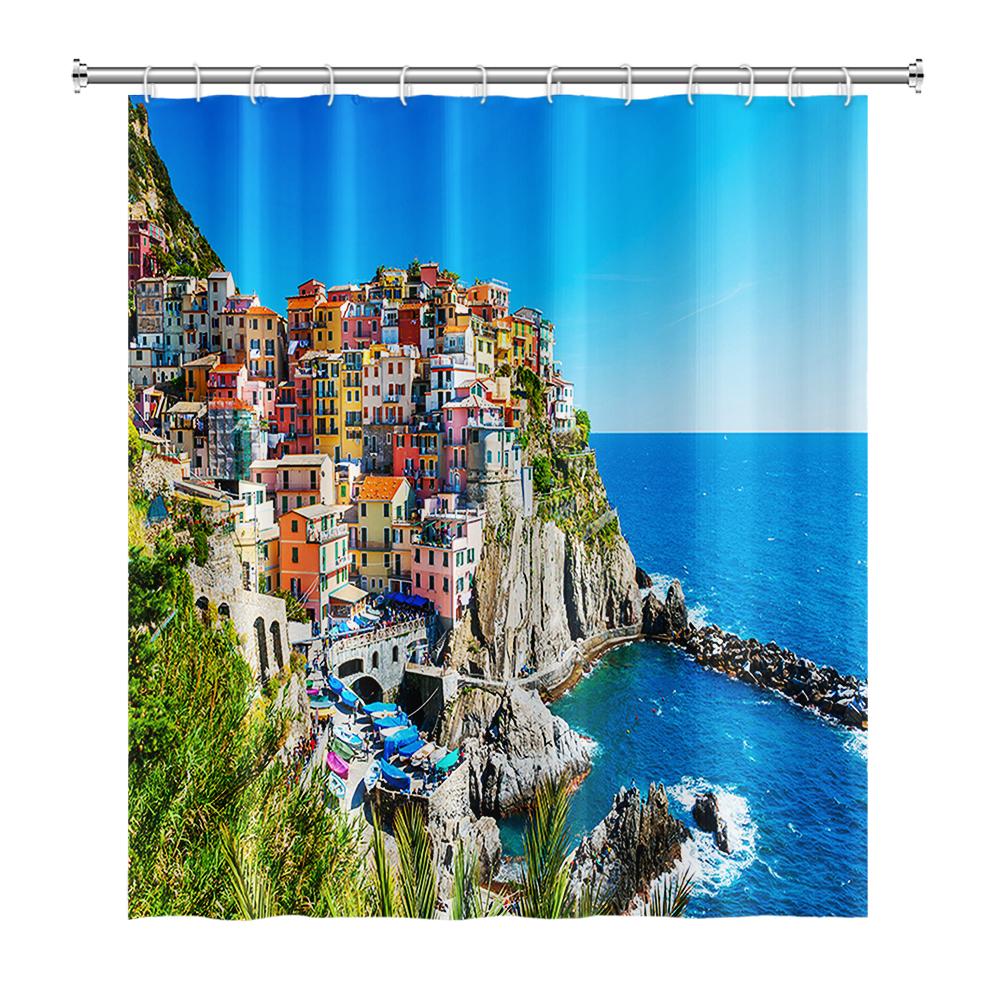 Venkovská krajina Sprchové závěsy Potok Kámen Lotos Buddha Koupelnový závěs Přírodní scenérie Vodotěsná Koupelna Domácí dekorace s háčky