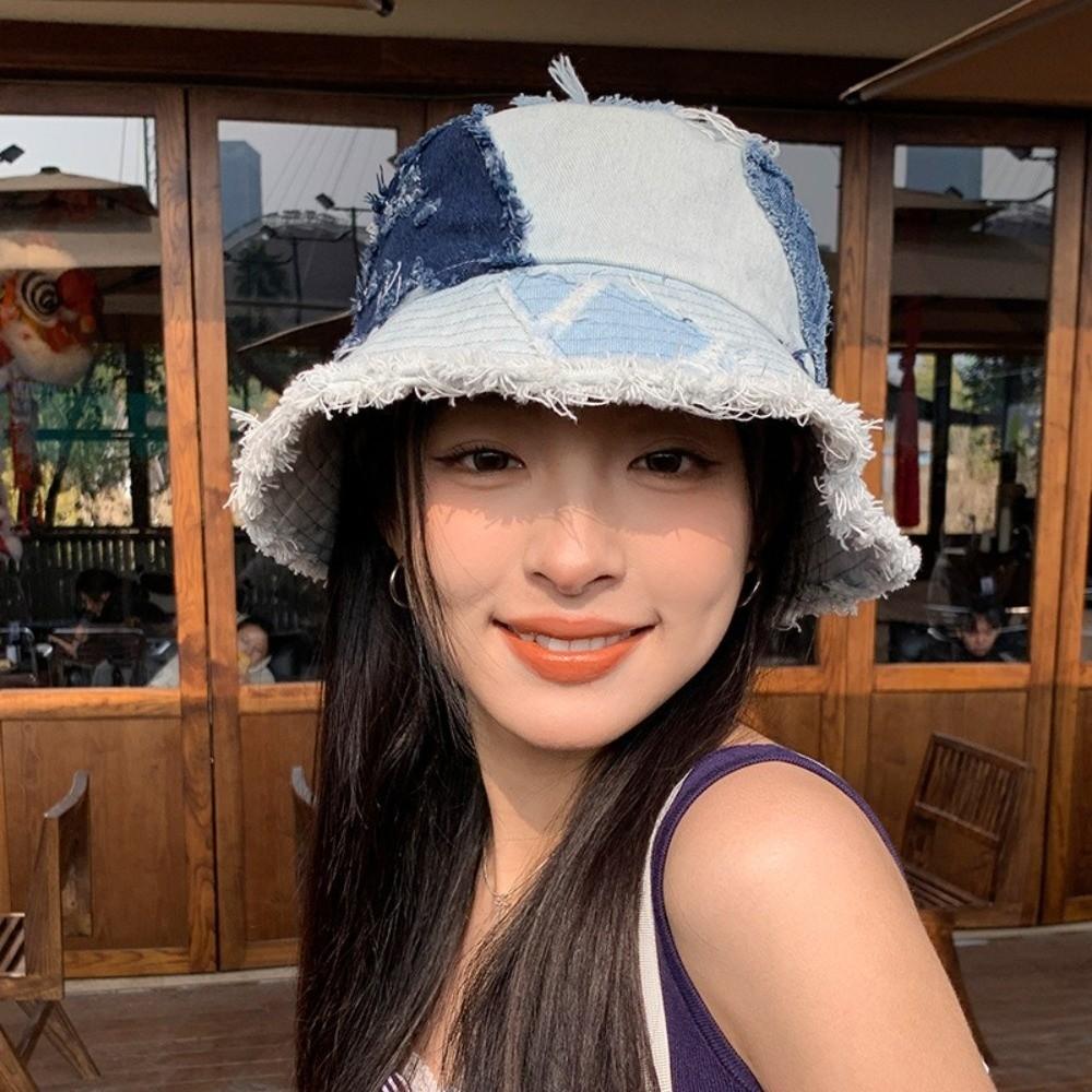 Patched Denim Bucket Hat Beggar Style Sun Protection Basin Cap Niche Retro Fisherman Hat Unisex