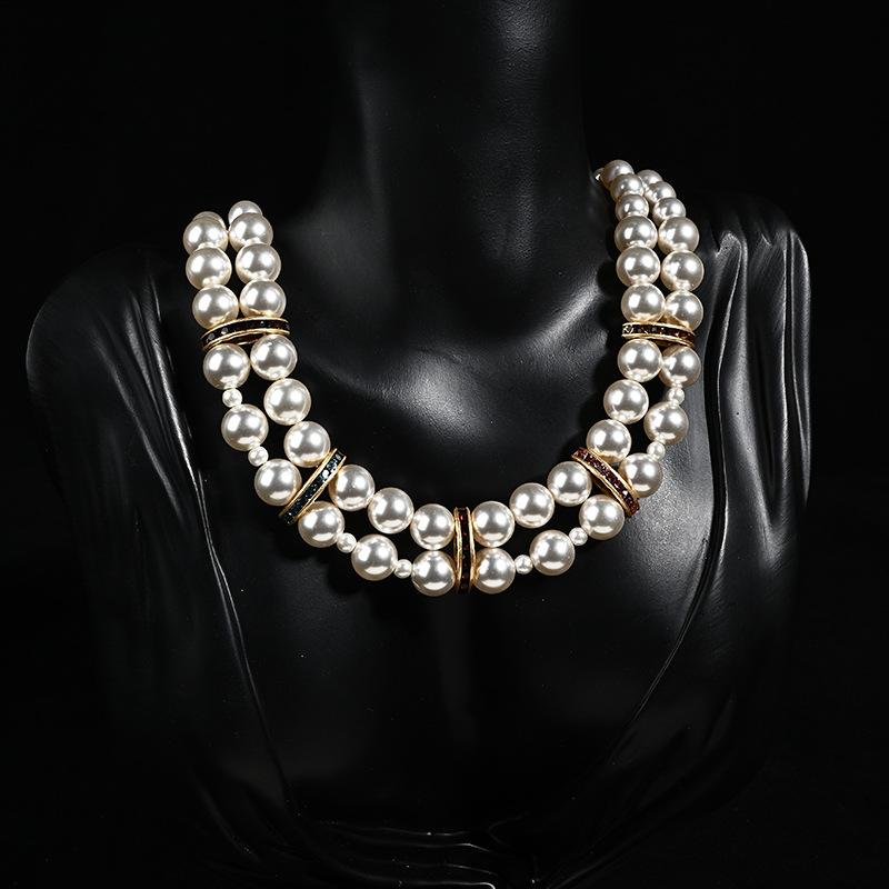 Vintage Multi-layer Diamond-encrusted Pearl Necklace, French Retro Light Luxury Sweater Chain, Elegant Woman