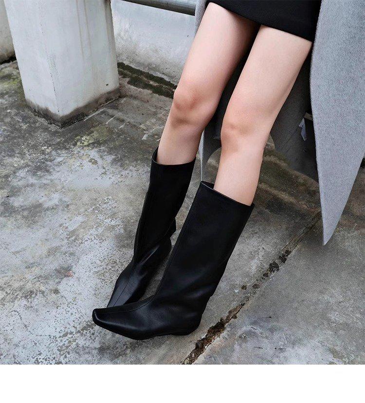 Cowhide version~ autumn and winter new Korean version of simple square head versatile temperament low heel knight boots women's sleeve medium