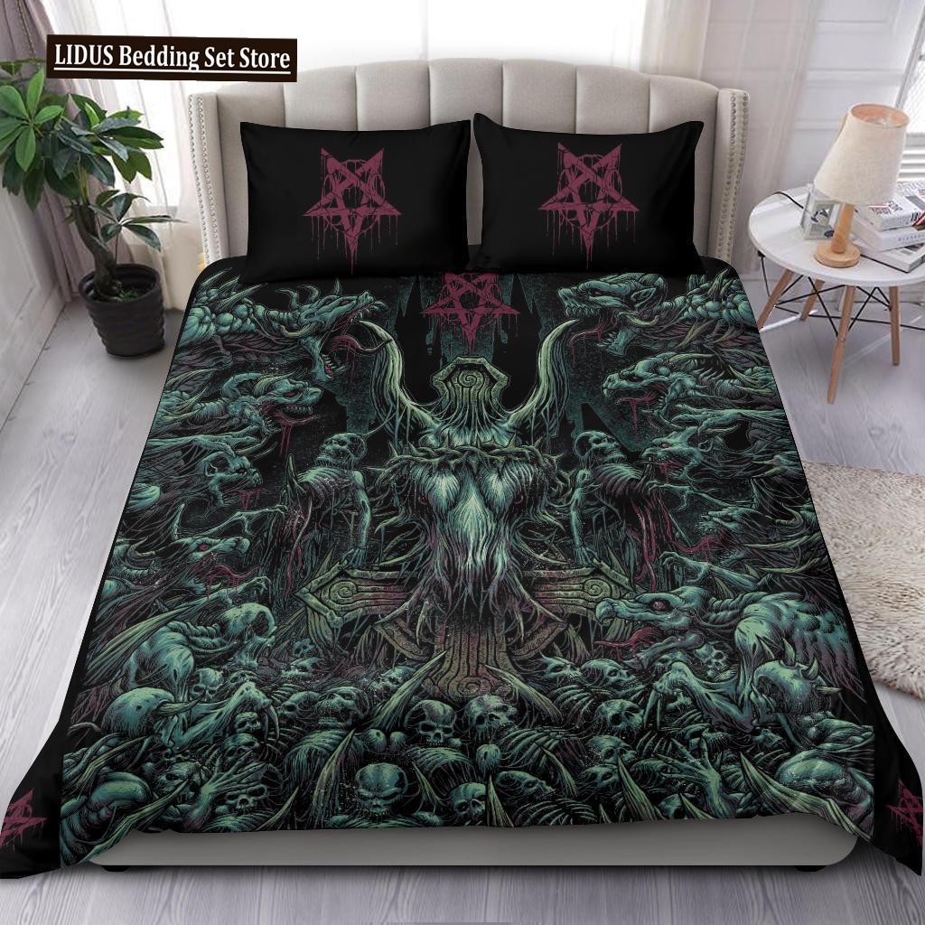 Skull Skeleton Satanic Goat Skull Duvet Cover Set Trophy Demon Breed Bedding Sets Night Blue Pink Satanic Baphomet Quilt Cover