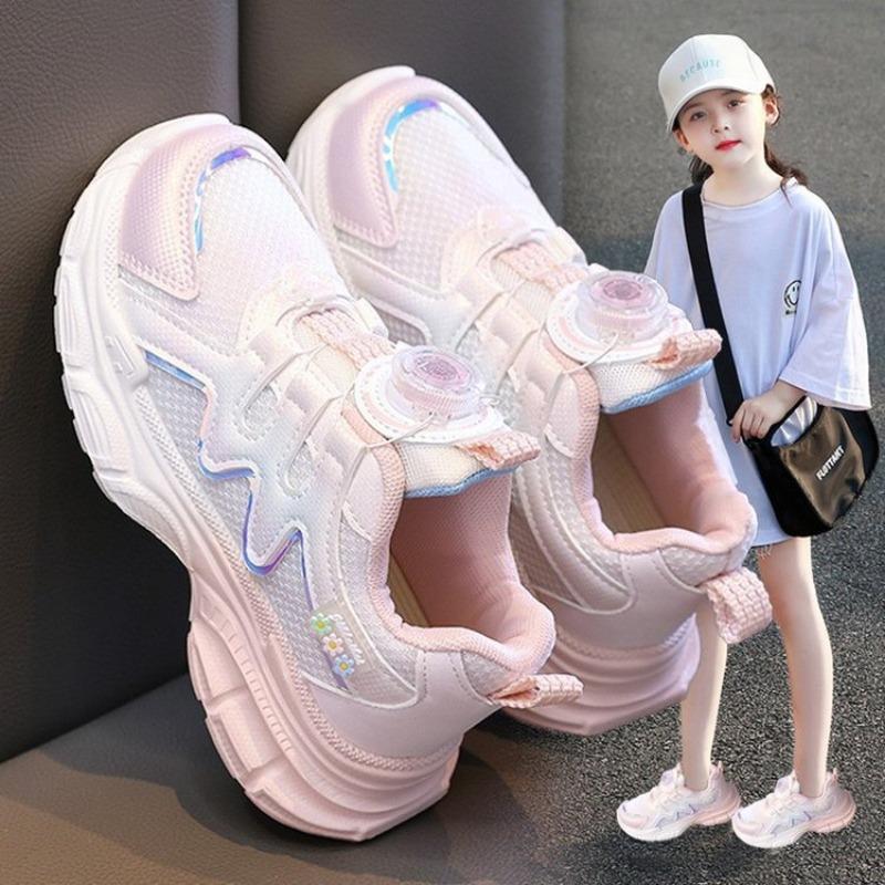 Girls' Fashion Sports Shoes Children's Mesh Shoes Girls Rotating Button Casual Shoes Breathable Daddy Shoes