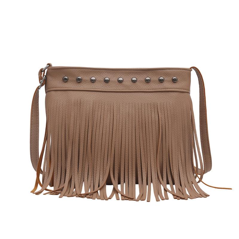 2025 new European and American trend bag fashion soft leather rivet fringed bag single shoulder oblique span bag big women's bag