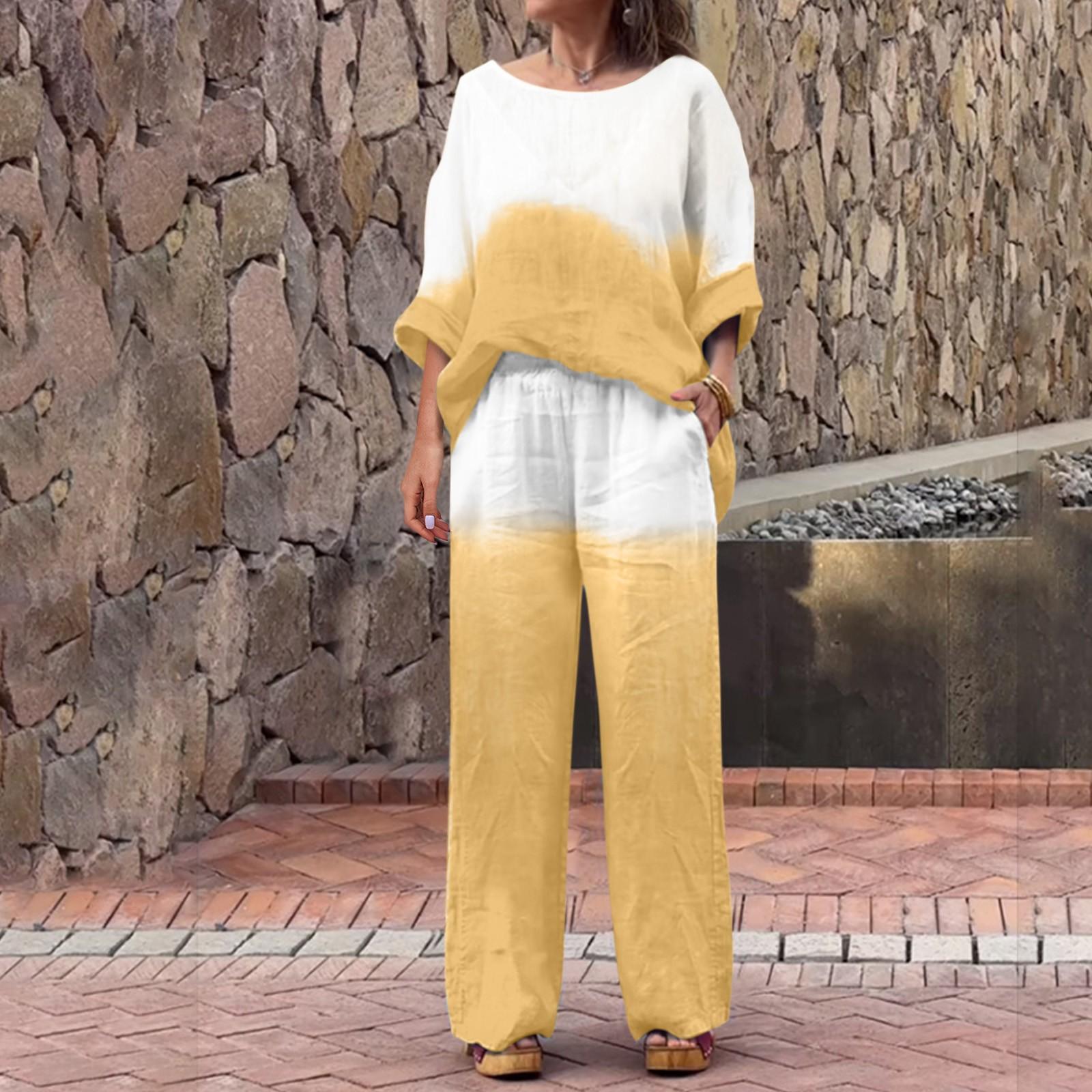 

Женская мода повседневный топ и брюки с длинными рукавами и круглым вырезом с градиентным принтом, комплект из двух предметов M жёлтый