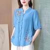 Fashion Embroidered Short Sleeved Cotton Linen Top Women's Summer Shirts New Loose Cardigan Blouse Mother V-Neck Shirt Blaus 4XL