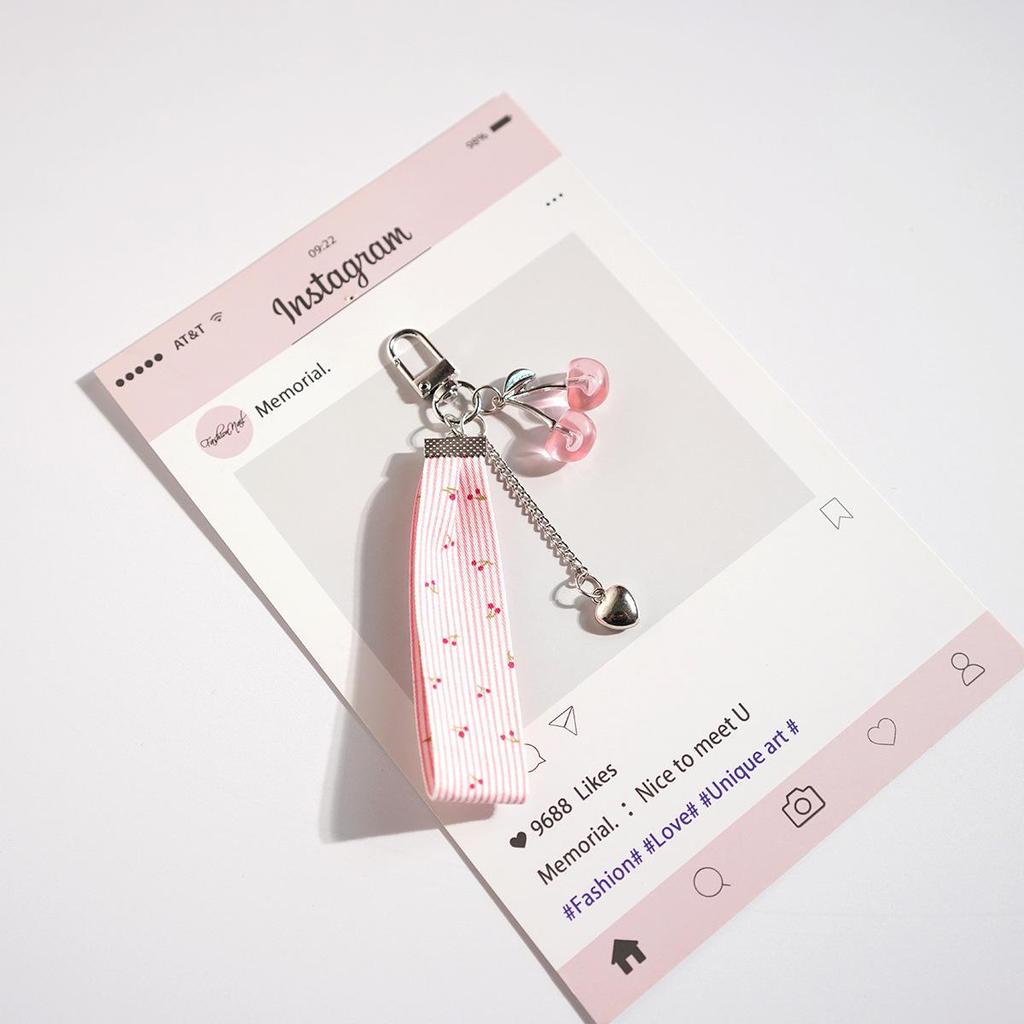 Cherry Bow Beaded Heart Bag Charm Keychain