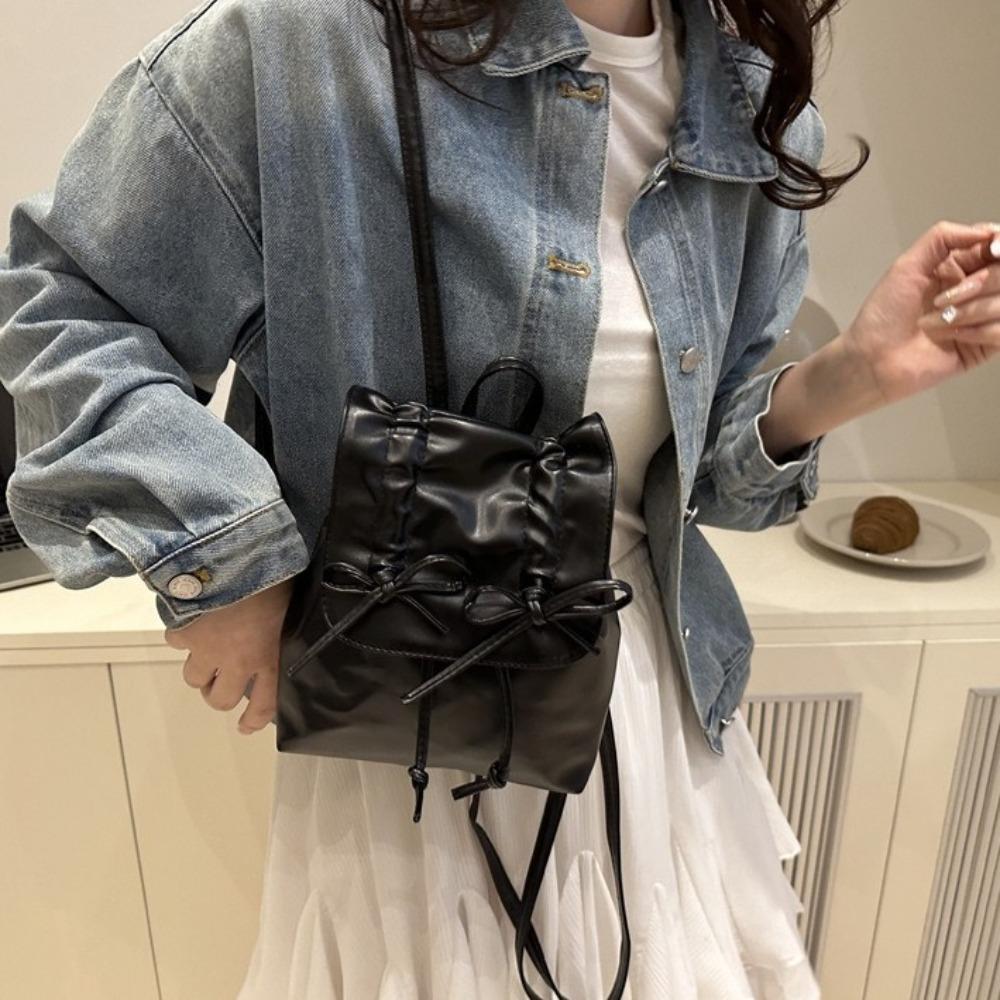 Tie Bow Backpack Y2k Student School Bag Portable Pu Leather Backpack  Children