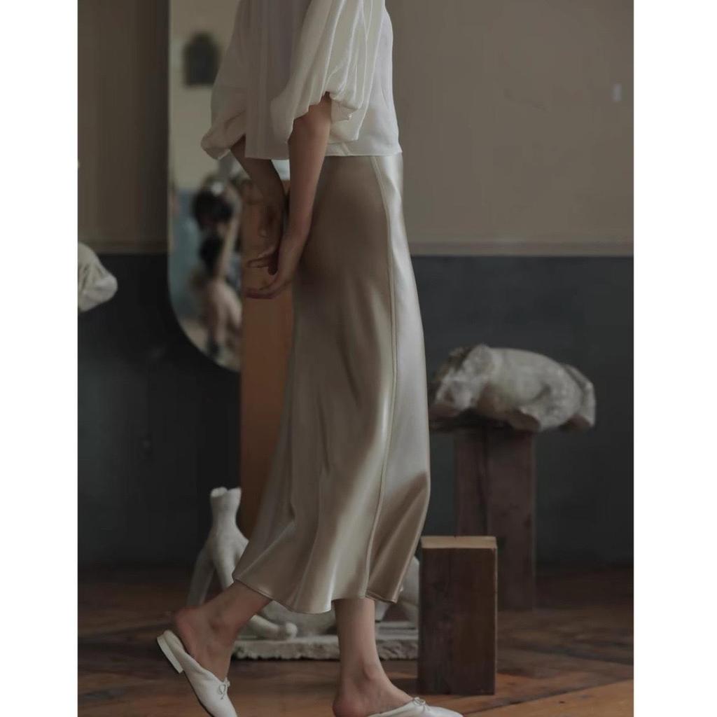 Comfort Memory Imported Acetate Satin A-Line Skirt with Silky Drape and Slimming Elastic Waist