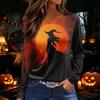 Women's Halloween Print Long Sleeve Round Neck Top with Hem Slit