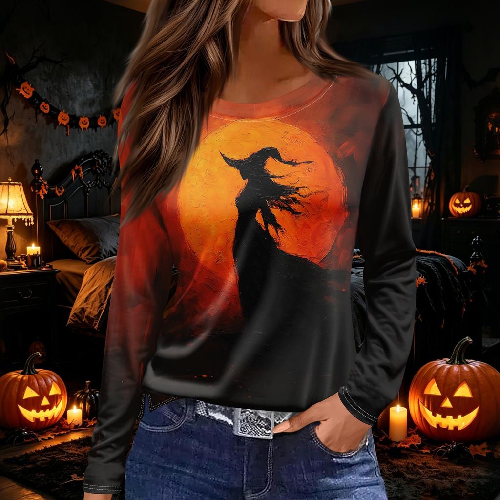 Women's Halloween Print Long Sleeve Round Neck Top with Hem Slit