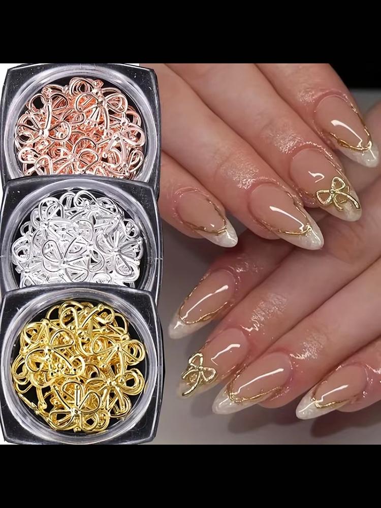 3er-Box Nagelzubehör Gold Silber Roségold Hohlmetallschleife Klassische Schleifenschmuck Mädchen Quadratische Flasche Metallschleife 2026