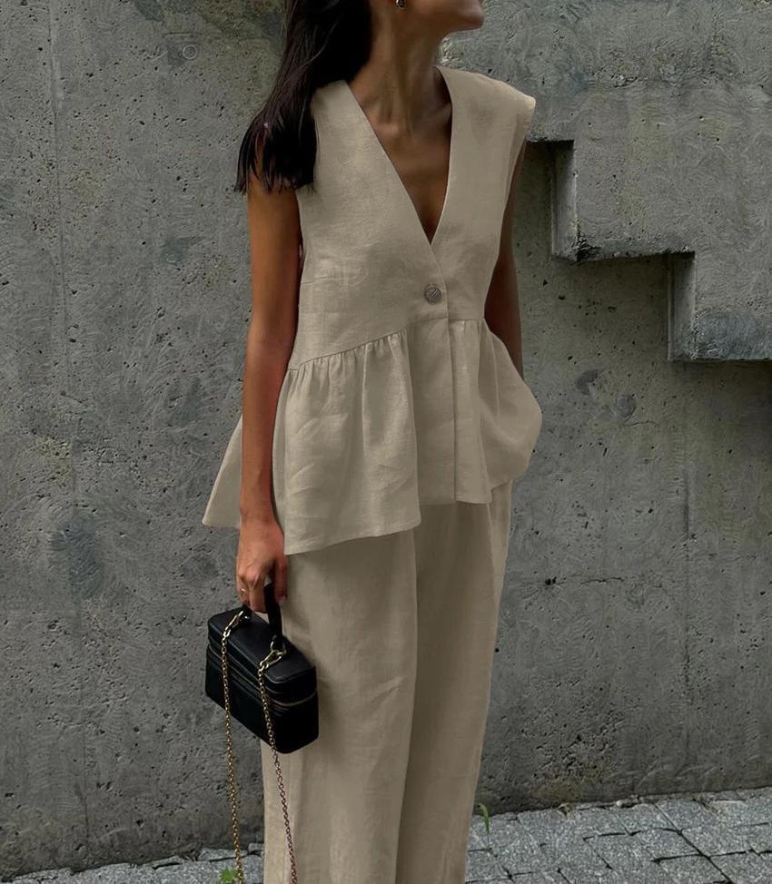 2025 Women's European-American Solid Color V-Neck Sleeveless Top & Long Pants Two-Piece Set - Stylish & Comfy