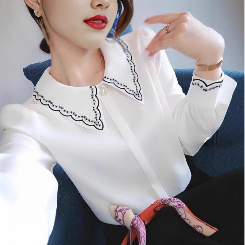 Women's Beige Peter Pan Collar Blouse Embroidered Detail Long Sleeve Elegant Casual Office Top For Daily Wear
