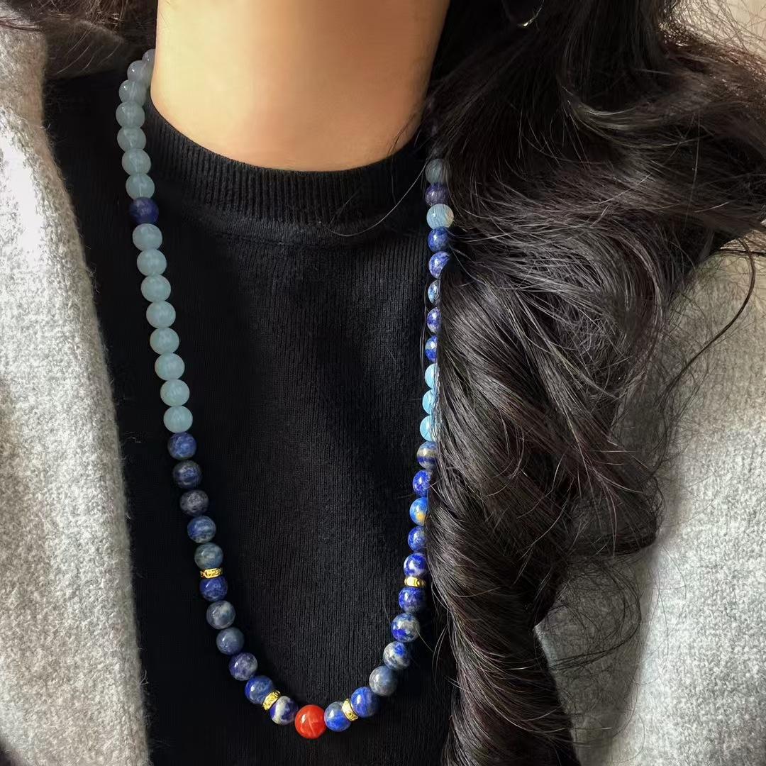 

Vintage Natural Lapis Lazuli Chalcedony Artificial Moonstone Sweater Chain Necklace Collarbone Chain