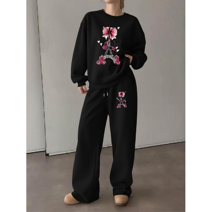 Women's Crewneck Sweatshirt & Drawstring Straight-Leg Pants 2-Piece Set, French Eiffel Tower Rose Print Lounge Set, Relaxed & Comfortable Casual Wear