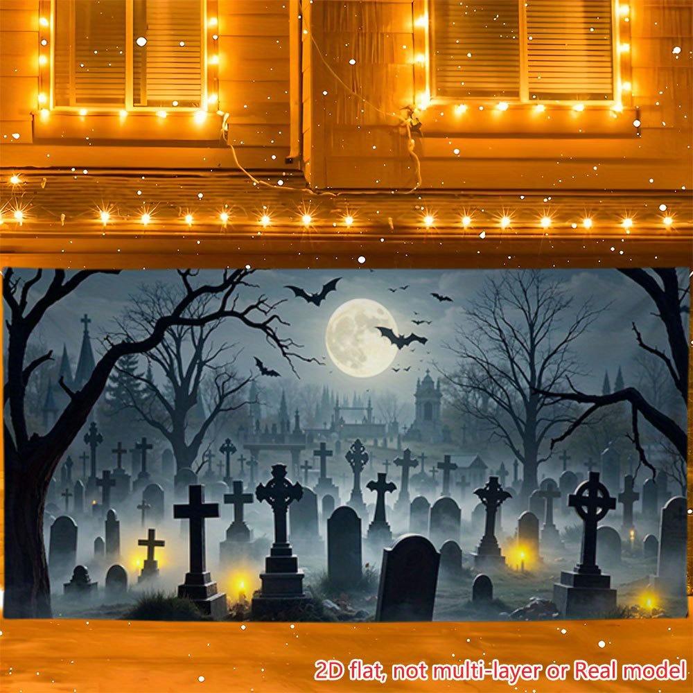 2D Flat Printing Party Banner 1 Piece Per Pack Full Moon Cemetery and Bat Pattern Extra-large Garage Background cloth.PMJ