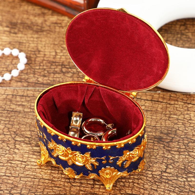 Mini Jewelry Storage Box Portable Oval Organizer European Style Necklace Case Alloy Storage Earrings Ring Dressing Table Display
