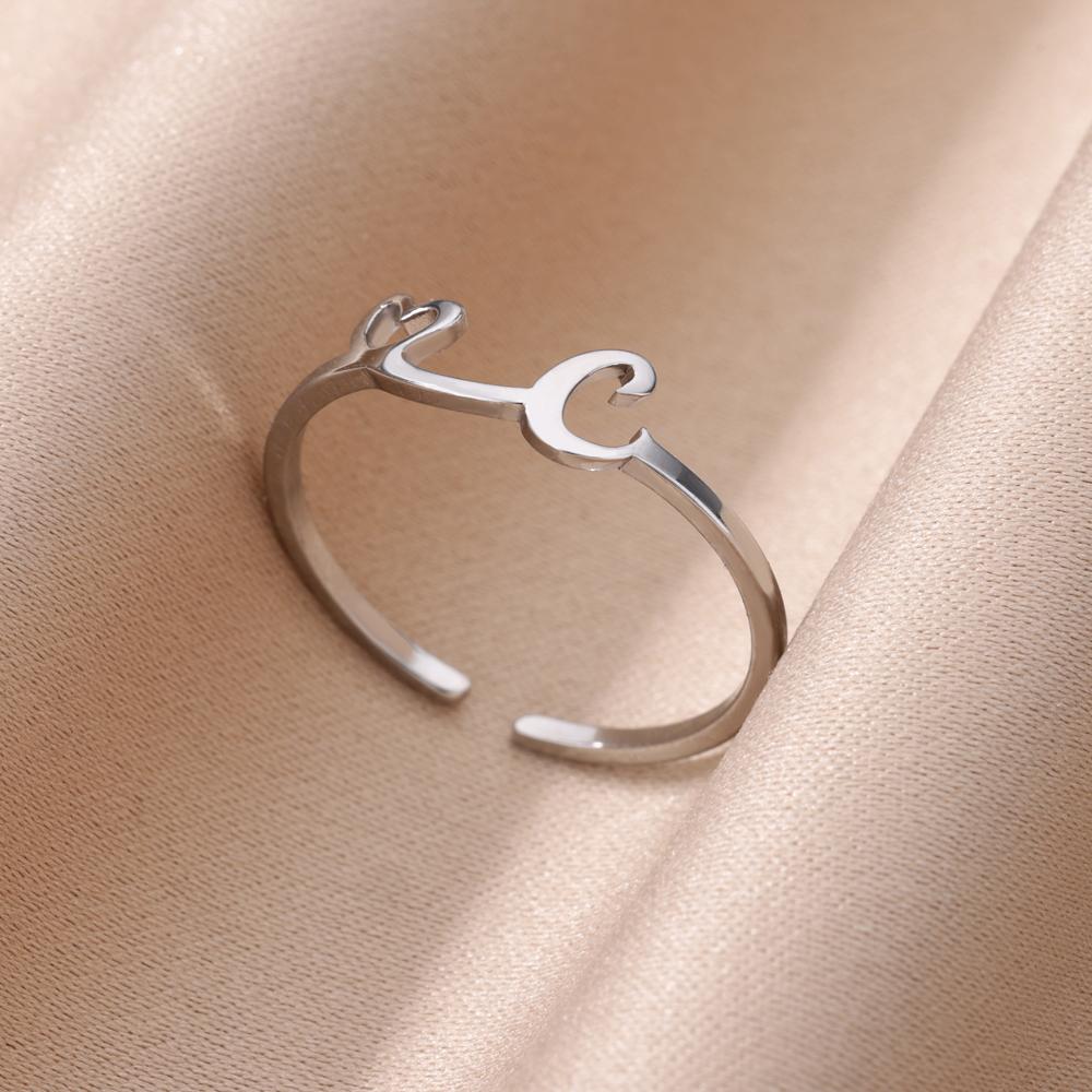 Tiny Initial Letter Rings For Women Gold Color  Stainless Steel Hollow Heart A-Z Initial Letter Ring Wedding Christmas Jewelry