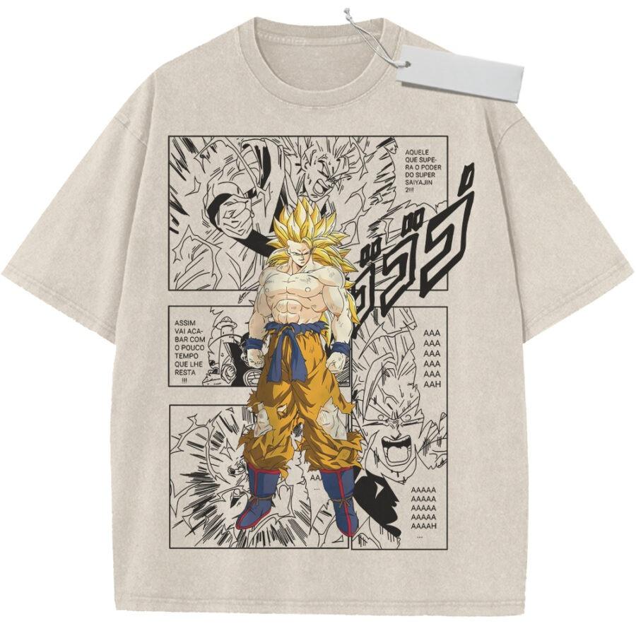 

Unisex Beige Washed Vintage T Shirt Dragon Ball Z Super Saiyan Son Goku Manga Panels High Quality Fabric for Casual Shopping M