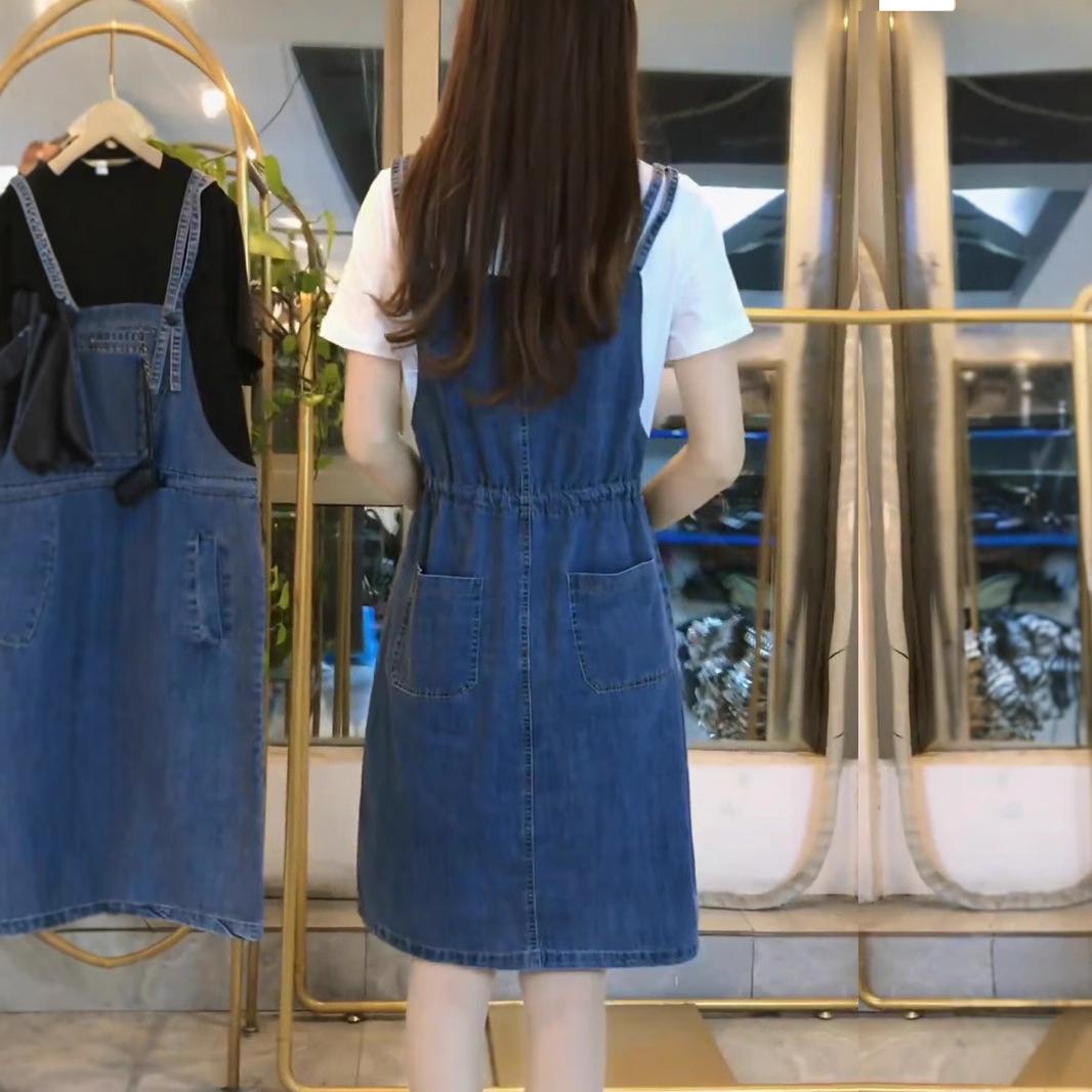 

Women s 2025 Korean Style Denim Dress - Short-Sleeved, Slimming, Waist-Cinching, Trendy Fake Two-Piece Design Extra Large