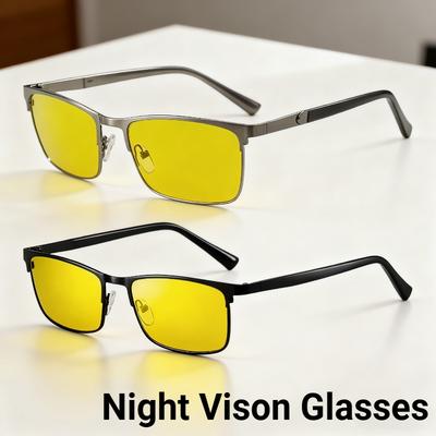 New Fashionable Night Vision Yellow Glasses Metal Square Frame Business Eyewear for Men Classic Driving Shades