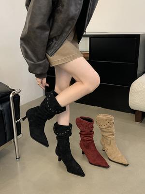 Fashion Flock Women Mid Calf Boots Pointed Toe Chelsea Bootie Thin High Heels Slip On 224 New Arrivals Party Pumps Shoes Woman Size 39