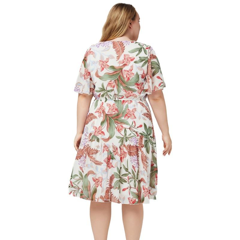 Plus Size Women's Dress Summer Round Neck Short Sleeve Printed Chiffon Dresses