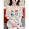 Women Floral Embroidery Crochet Blouse V Neck Puff Sleeve Button Down Casual Top