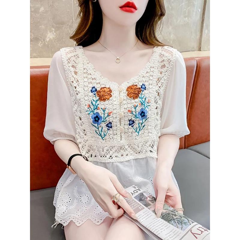 Women Floral Embroidery Crochet Blouse V Neck Puff Sleeve Button Down Casual Top