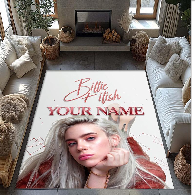 Tappeto in Velluto Cristallo Billie Eilish, Tappetino Antiscivolo Personalizzato con Testo Nome per Arredamento Casa Regalo