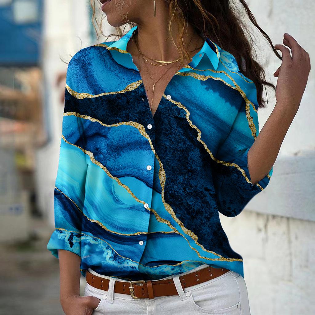 Liusha River Print Women Blouse Spring Autumn Femme Office Lady Button Up Turn Down Collar Shirts