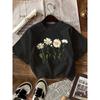 Women Black Floral T-Shirt White Daisies Print Round Neck Short Sleeve Loose Fit Spring Summer Fall Casual Brunch Picnic Office Top