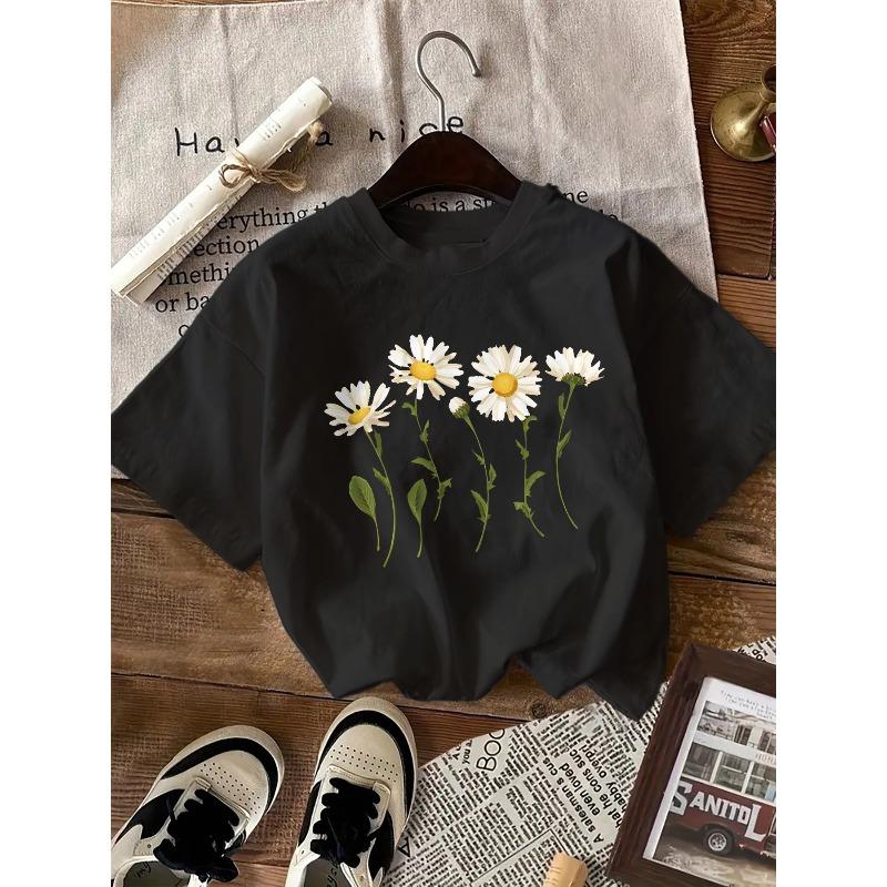 

Women Black Floral T-Shirt White Daisies Print Round Neck Short Sleeve Loose Fit Spring Summer Fall Casual Brunch Picnic Office Top 4XL чорний