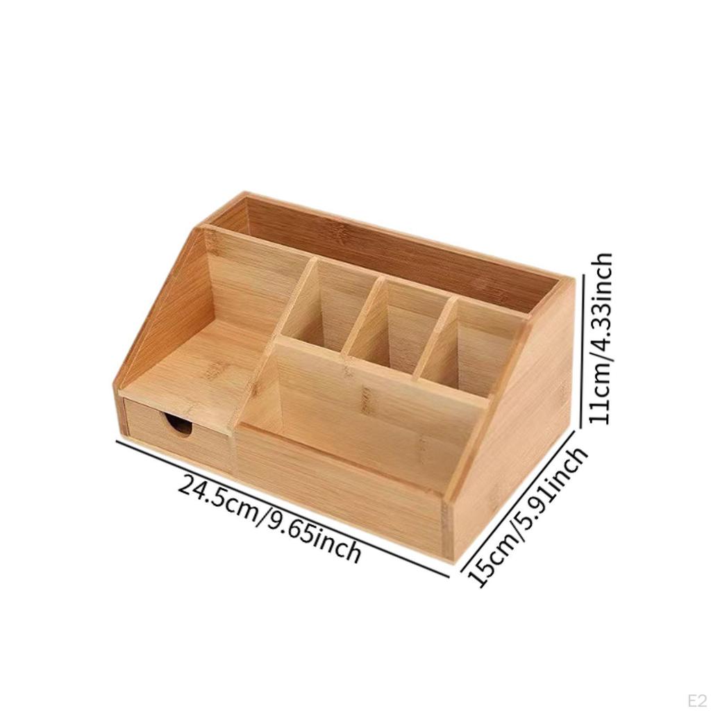 Desk Organizer Wood Pen Holder Portable Compartment with Drawer Remote Control for Office