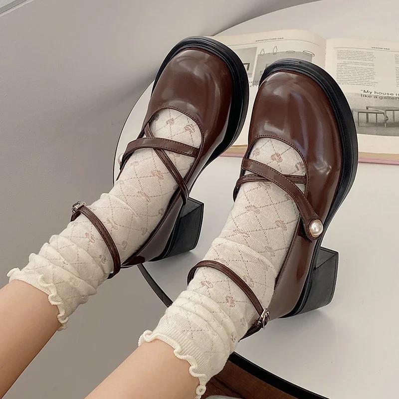 Retro Brown Mary Jane Shoes Women Thick Heels Ankle Buckle Lolita Shoes Woman Uniform Pu Leather Student Shoes Female