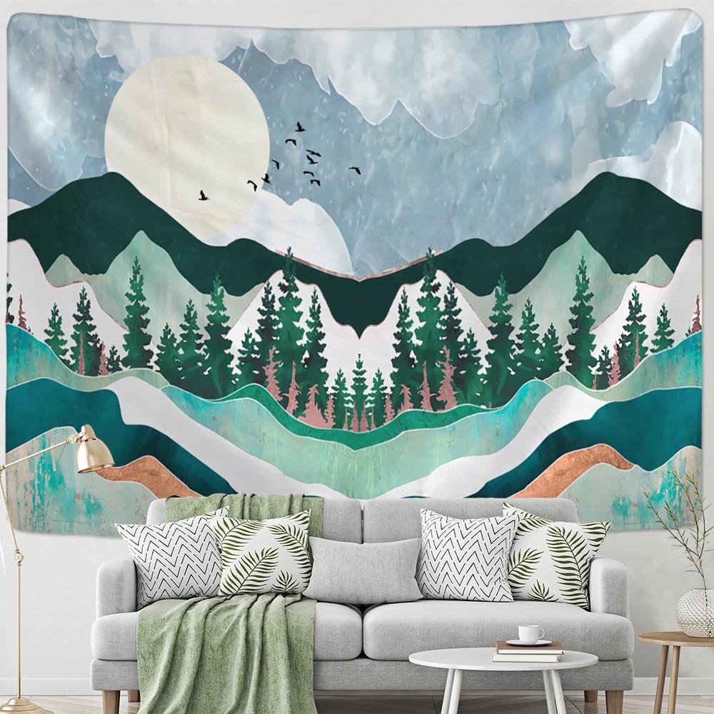 

Горы и реки Впечатление Картина маслом Гобелен Настенный декор Природный пейзаж Богемный фон Ткань Декор 95x70cm