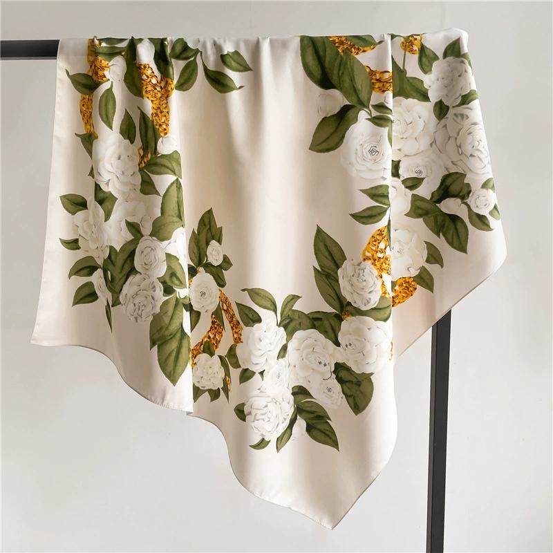 Rose Flower Scarf Silk Satin Matte Fabric Soft And Elegant Wrap 90Cm Square Headscarf For Women Shawls Bandana Lady Hijabs