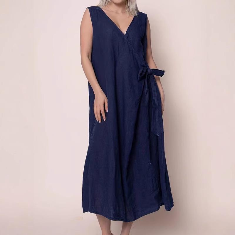 New Solid-color V-neck Side-tied Sleeveless Long Dress for Women
