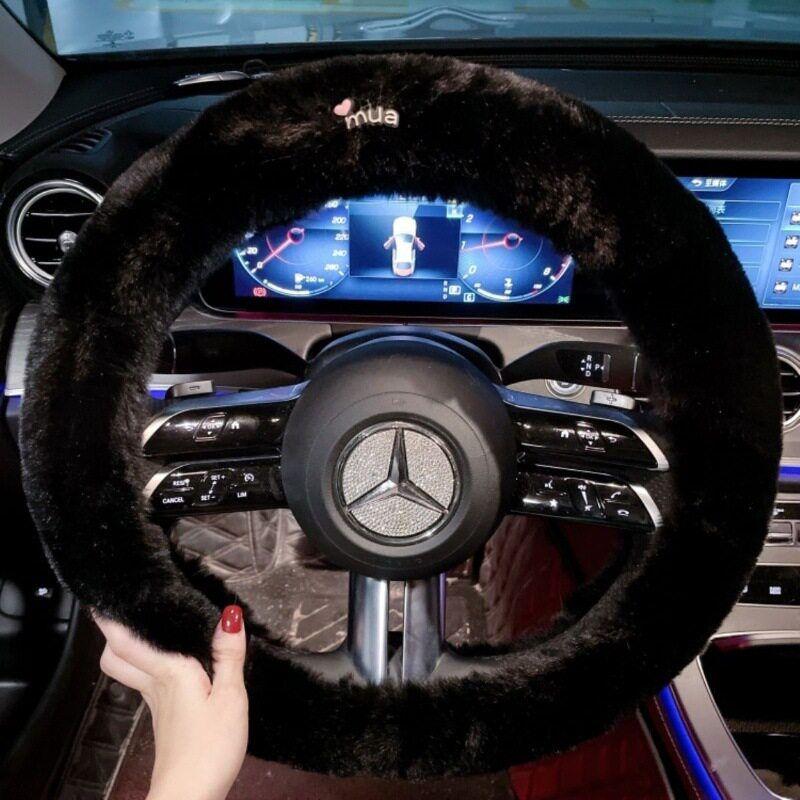 

Car Steering Wheel Cover Winter Cartoon Plush Warm Handlebar Cover Non-Slip Cute All-Season Car Accessories Decoration Small Letter Long Hair Black