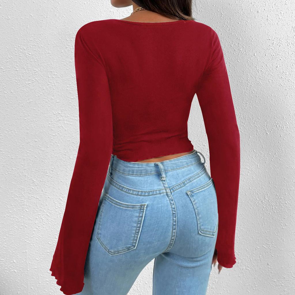 JKAASHDK Damemote Uformelt ensfarget trykk vår høst med lange armer bluser og skjorter med v-hals