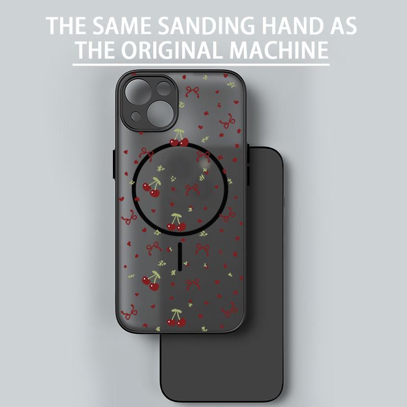 Translucent Matte Phone Case For iPhone 16 15 Pro 14 13 Pro Max 16e For Magsafe Shockproof Red Cherry Printed Hard Back Cover