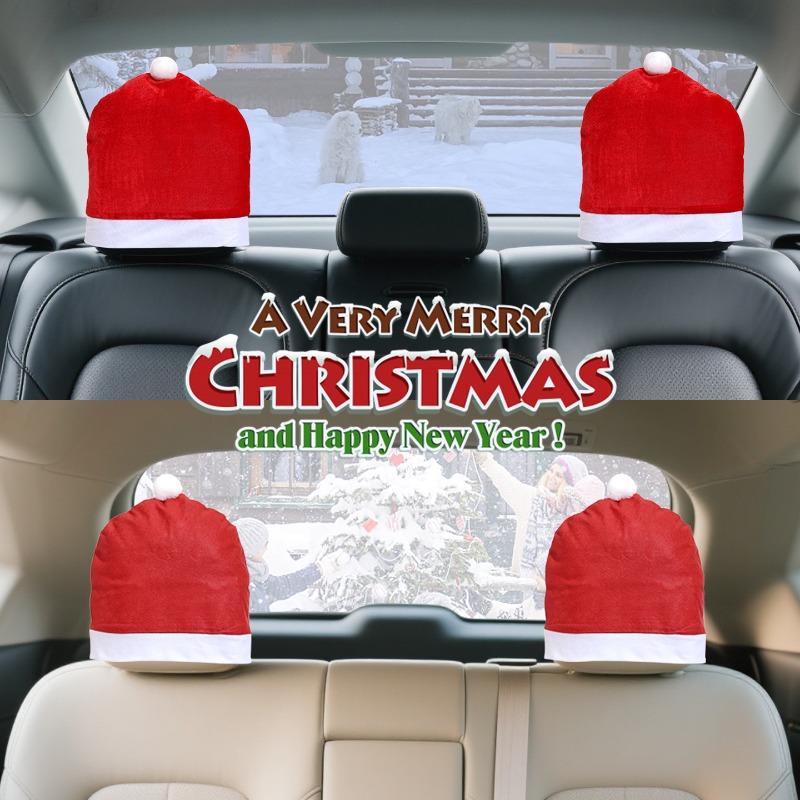 Santa Hat Car Decoration Christmas Car Seat Headrest Cover Seat Protection Christmas Ornaments Car Seat Accessories