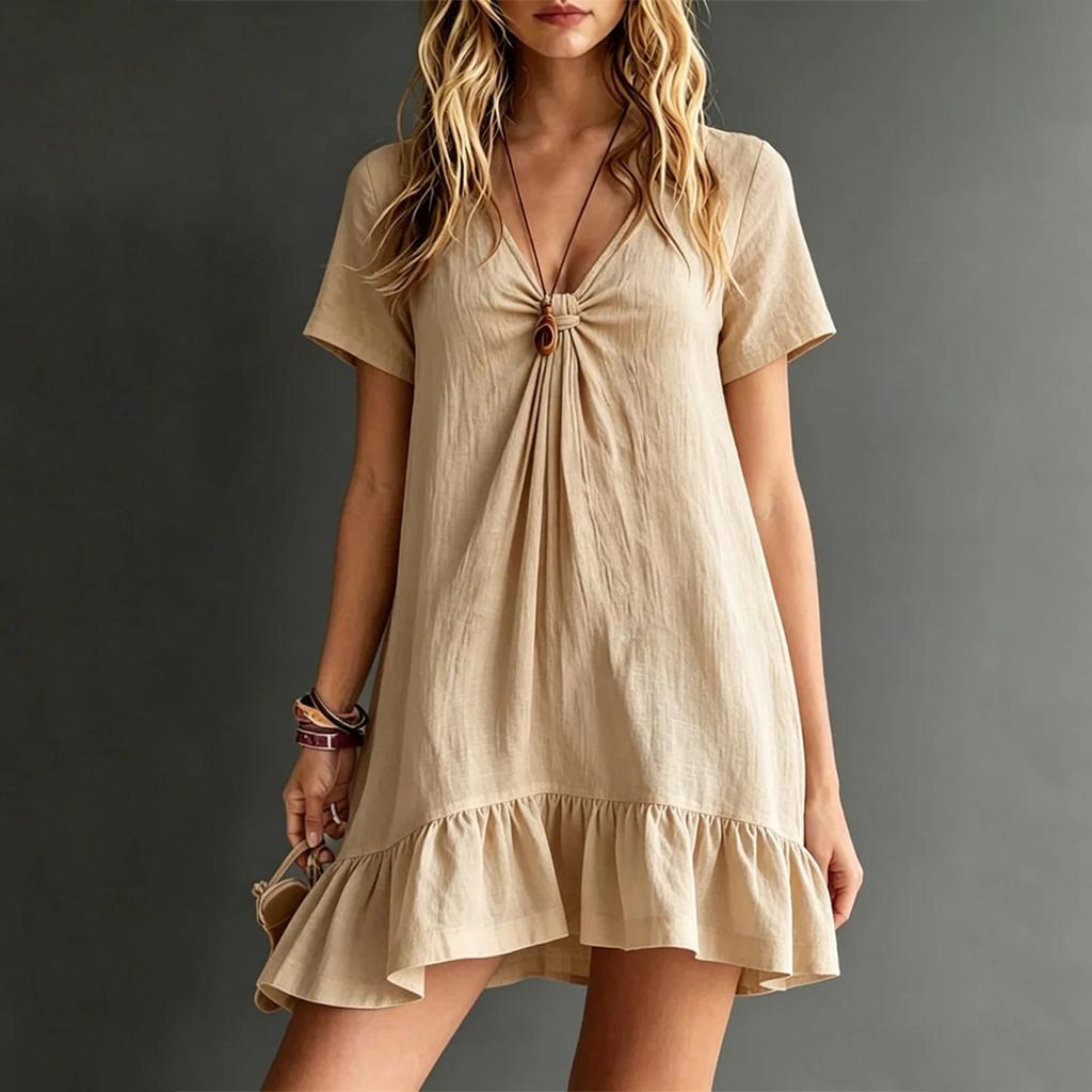 Damen V-Ausschnitt Kurzarm Lockerer Schnitt Freizeitkleid Rüschensaum Minikleid Sommer Strandmode