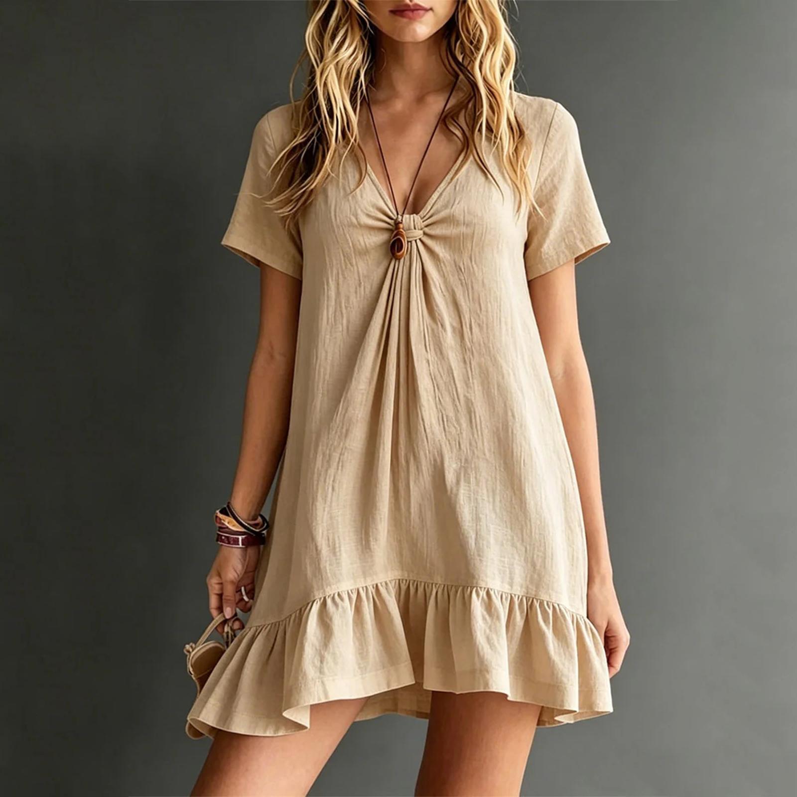 Women V Neck Short Sleeve Loose Fit Casual Dress Ruffle Hem Mini Dress Summer Beachwear L