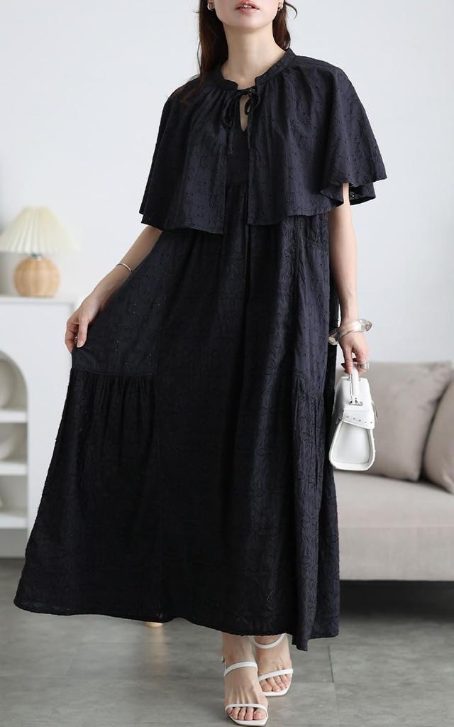 Plus Size Long Cape Dress with Cotton Mermaid Black [Gold Japan] Women's Short-Sleeved Lace, Ribbon, Style, Summer/Spring, Fem-634, LL-4L,