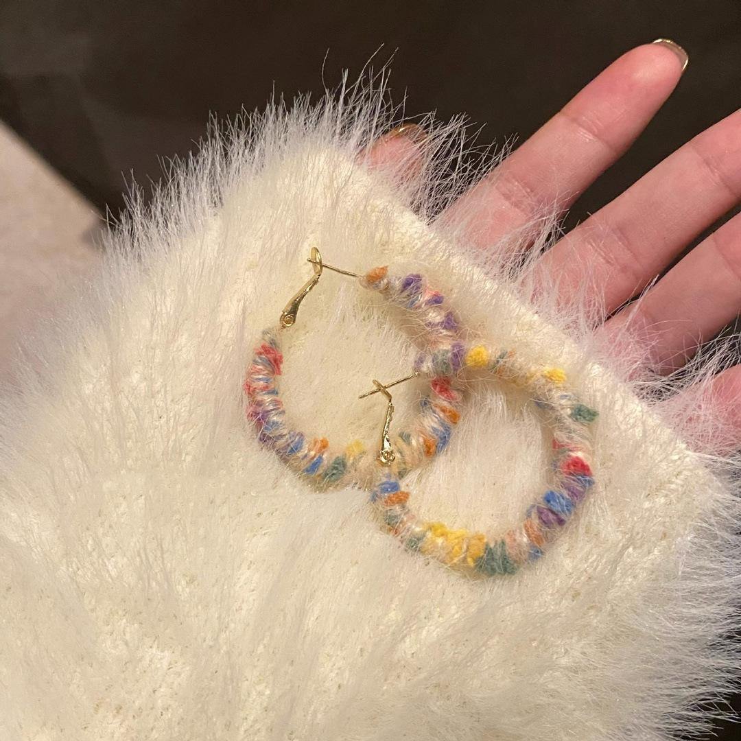 Autumn and winter rainbow wool earrings Korean niche design sense cute earrings earrings fashion temperament new models