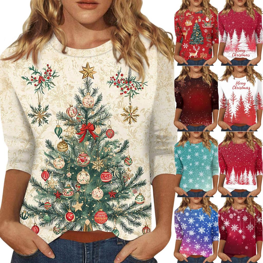 Women's Fashionable Casual Three Quarter Sleeve Christmas Printed Collar Pullover Top