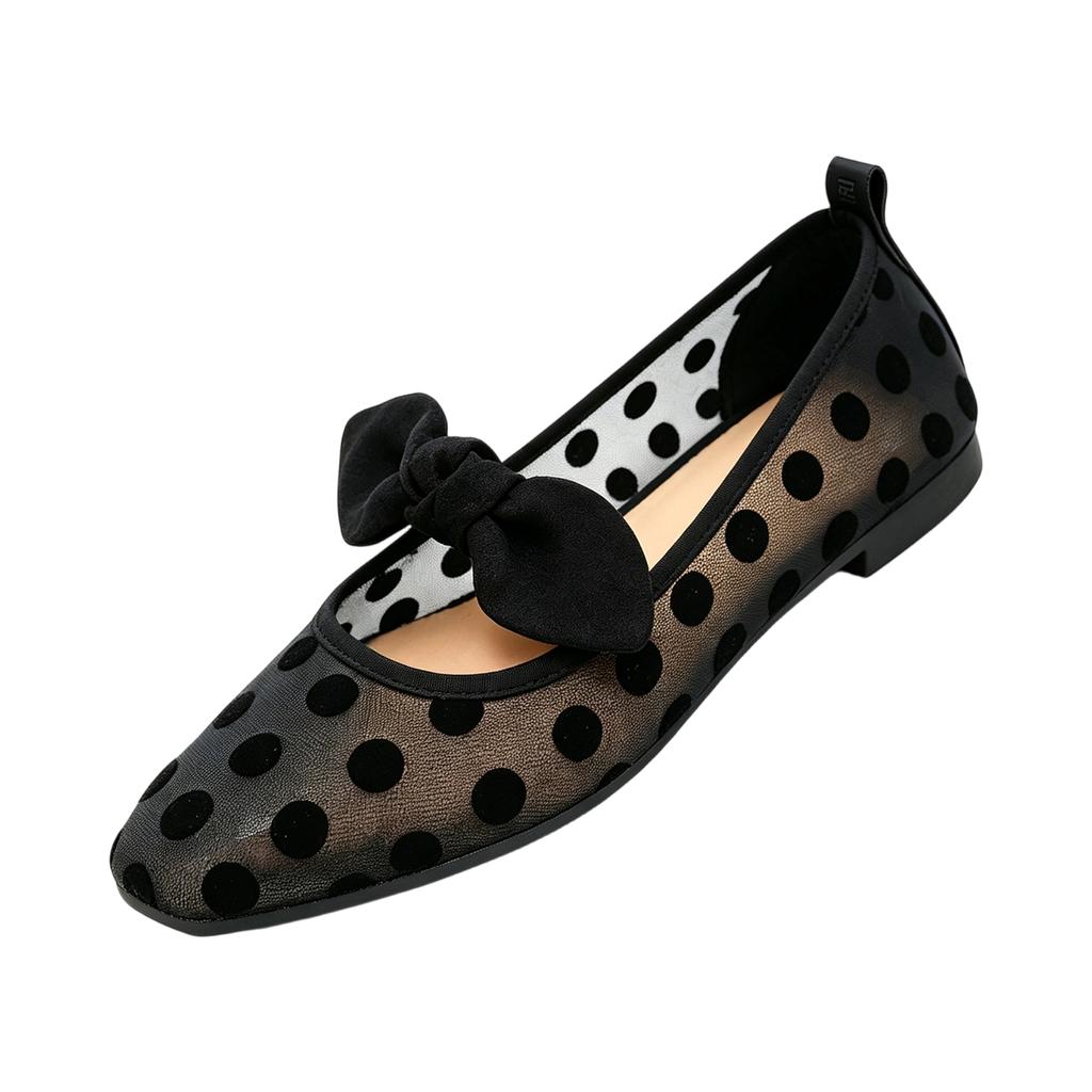 Women Mesh Mary Jane Flats with Polka Dot Pattern Square Toe Slip On Comfortable Bow Detail Vintage Style Shoes for Daily Wear