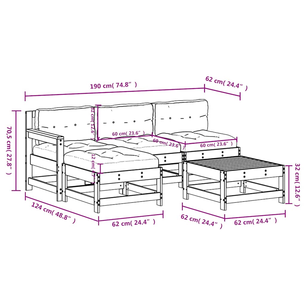 5 Piece Garden Lounge Set with Cushions Gray Solid Wood